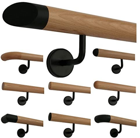 TIBU Buche Holz Handlauf Geländer 30-500cm im Set schwarze Halter Wandhandlauf Wand Treppe, Länge 400 cm mit 5 Halter Enden schräges schwarzes Endstück
