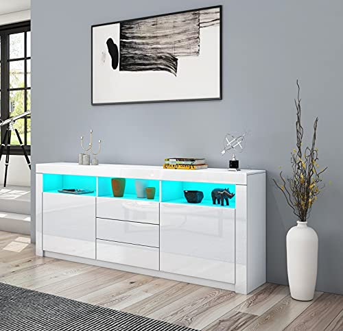 AWOOOD Sideboard Cabinet, High Gloss Sideboards TV Stand Unit 2 Doors 3 Drawers with LED Light Storage Cupboard for Living Dining Room 160x35x72cm (White)