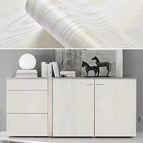 Vinilo adhesivo de vinilo con efecto de madera en 3D, 24 pulgadas x 10 pies, rollo de plástico trasero pegajoso, papel de contacto impermeable para muebles, encimeras, puertas, etc. (#02 blanco y oro)