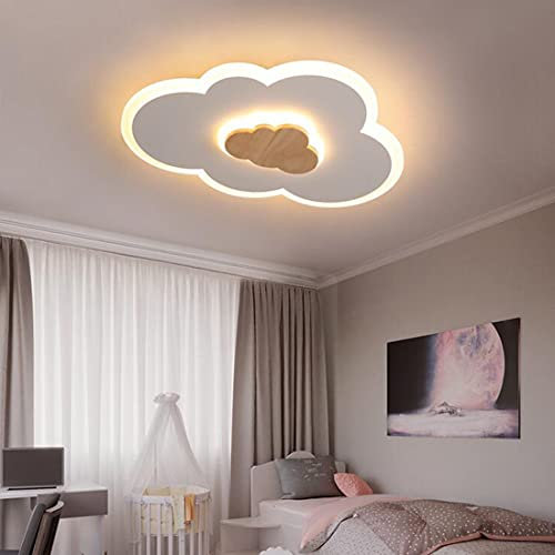 Modern Holz Deckenleuchte Deckenlampe LED Kinderzimmer Schlafzimmer Leuchte Warmweißes Licht, 50*37cm, 26W, LED-Kinder Beleuchtung Kreativ Cartoon Design Weiß Aluminium Acryl Lampenschirm Holzlampe