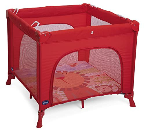 Chicco Laufstall Open Bett mit Regenschirm, mitwachsend, für Reisen für Babys und Kinder, Laufstall mit abnehmbarer Matte, Seitenfenster, Netzstoff, 4 Griffe und Transporttasche von Geburt bis 15 kg Löwe