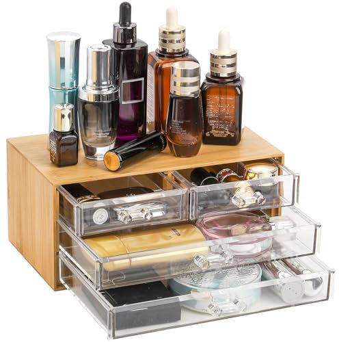 Okllen Bambus-Kosmetik-Organizer mit 4 Acryl-Schubladen, transparenter Make-up-Organizer, Schmuck-Aufbewahrungsbox, Schreibtisch-Organizer, Kommode, Haar-Accessoires, Badezimmer-Theke