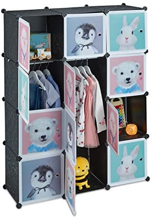 Relaxdays Steckregal Kinder, 8 Fächer, mit Türen, Tier-Motive, Regalsystem für Kinderzimmer, HBT: 145x109x37 cm, schwarz