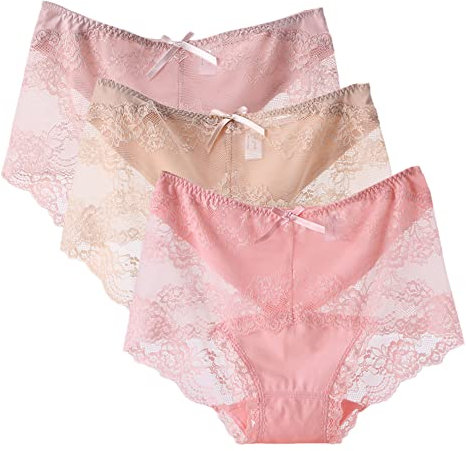 Serecofo Lot de 3 Culottes Slips Femmes en Dentelles Noeud Papillon Lingerie Féminine sous-Vêtements Femme 36-48 Shorty Eté Léger (46-48, Rose, Rose Clair, Abricot Clair)