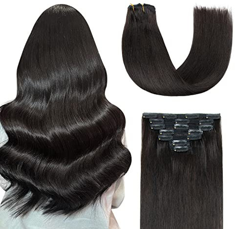 AGMITY Clip in Extensions Echthaar 50cm 7 Stück 120g Natürliches Schwarz 100% Echthaar Unsichtbar Gerade Glatt Nahtlos Clip in Haarverlängerungen (50cm #1B Natürliches Schwarz)