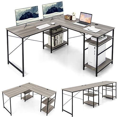 COSTWAY L-Shaped Computer Desk, 242cm Reversible Double Study Writing Workstation for 2 Person, Large Long Corner Home Office Desk Wooden PC Laptop Gaming Table with Storage Shelves (Grey)