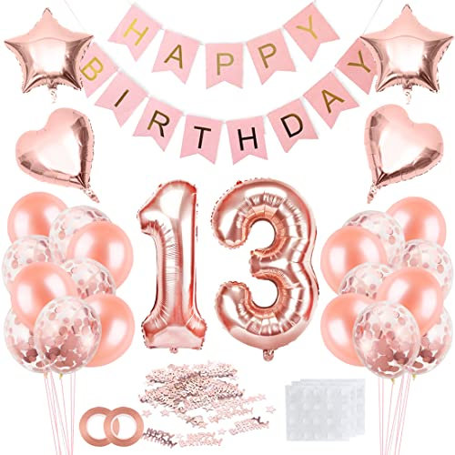 Bluelves 13 Jahr Geburtstag Mädchen, 13 Geburtstag Mädchen Rosegold, Luftballon 13 Geburtstag Mädchen, Geburtstagsdeko 13 Happy Birthday Banner, Konfetti 13 Geburtstag, Geburtstagsdeko Rosegold