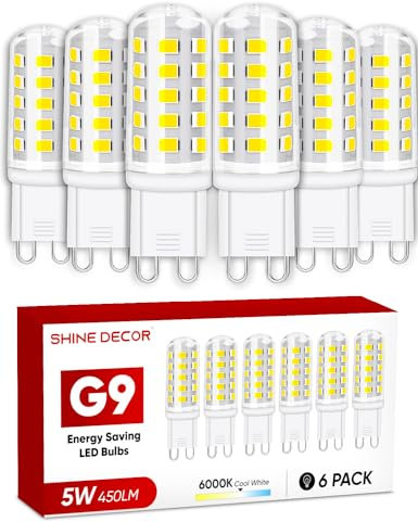 Shine Decor G9 Led Bulbs, 5W Cool White 6000K, Non-dimmable Energy Saving Light Bulbs, 450LM, Equivalent to 50W Halogen for Chandelier Ceiling Lights Wall Light, 6 Pack