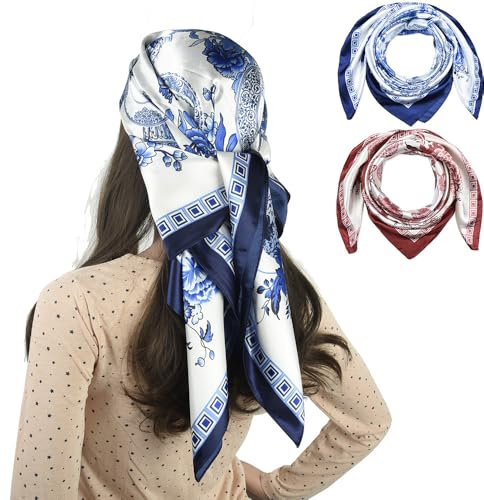 corciova 2 Pcs 35 x 35 Square Curly Hair Scarf for Black Women Silk Headband Tie Sleeping at Night Fashion Bandanas Headscarf, Circles (Blue + Red), Large