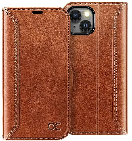 OCASE Retro Hülle für iPhone 15 Handyhülle Tasche PU Leder Flip Cover Brieftasche Etui RFID Schutzhülle Klapphülle Lederhülle Kompatibel für iPhone 15 Braun 6,1 Zoll