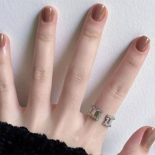 24pcs Short Round Brown Stick-on Nails - Solid Color Press-on Full Cover Fake Nails for Women and Girls - Removable Glue-on Nail Art Accessories