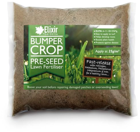 Elixir Gardens Bumper Crop Pre-Seed Lawn/Turf Fertiliser | Grass Seed Starter & Soil Prep for Overseeding & Patch Repair with Magnesium & Iron | N.P.K: 6-11-18 + 2% Mg + 0.6% Fe | 2kg Bag