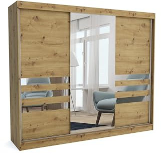 Brent - Kleiderschrank mit Spiegel Henry, 250cm Breit, Schlafzimmerschrank mit 1 Kleiderstange und Einlegeböden für Kleidung, Kleiderschrank Artisan Eiche