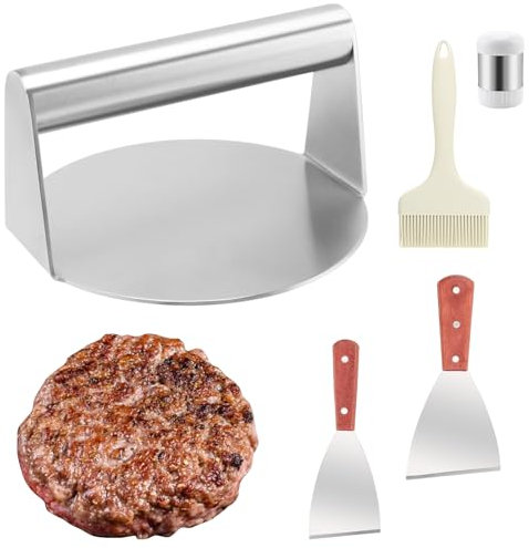 PINGEUI 5 PCS Smash Burger Press Set, 5.5 Inch Stainless Steel Round Meat Press with 2 Spatulas, Oil Brush and Spice Shaker, Smashed Burger Press Accessories Kit for BBQ, Grill, Steak, Bacon