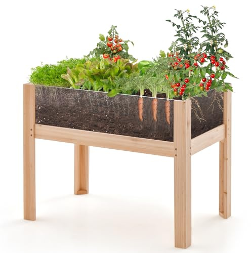 RELAX4LIFE Bancal alto de madera y acrílico, 130 L, con lados transparentes, huertos con agujeros de drenaje, bancal de cultivo con patas, para jardín, balcón, terraza (100 x 59 x 77 cm)