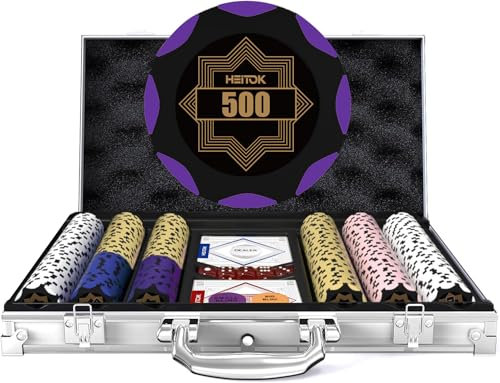 HEITOK 300 Stück Pokerchips-Set aus Lehm – 14g Casino-Qualität mit Wertangaben, Aluminium-Tragekoffer, professionelles Casinozubehör & Blackjack-Set für Pokerabende oder Heimspiele | Premium-Spielset