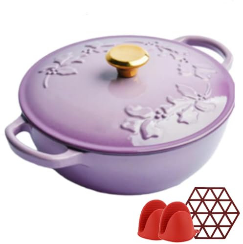 WXFKLDJ 3Qt Cast Iron Dutch Oven with Embossed Lid Enameled Cast Iron Dutch Oven Non Stick Dutch Oven Pot Cooking Pot with Potholders for Open Fire Stovetop Camping,Purple