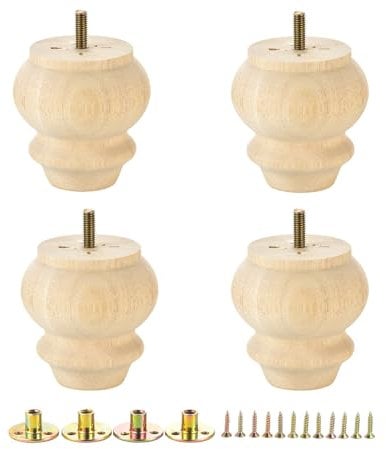 Mysummer Set of 4 Unpainted Solid Hardwood Furniture Legs 3inches with M8 Bolt Predrilled for Furniture Ottoman Couch Cabinet Sofa Legs