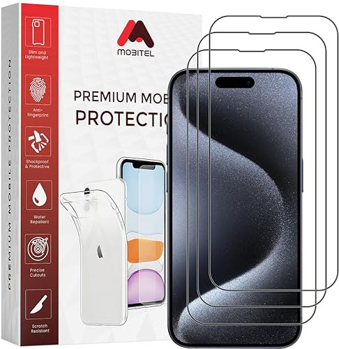 Mobitel Paquete de 3 protectores de pantalla de cobertura completa para iPhone 15 Pro, 6.1 pulgadas, dureza 9H, protector de pantalla de vidrio templado, antiagua, antiarañazos, compatible con fundas