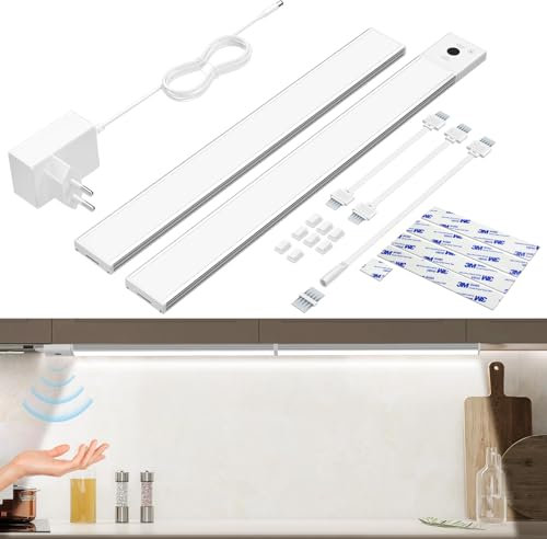 Unterbauleuchte Küche Led mit Abnehmbarem Berührungsloser Sensor, 2 Stück 43cm Schrankbeleuchtung mit Stecker, 3 Farbtemperaturmodi Dimmbar Led Lichtleiste, Unterschrank Beleuchtung Küche