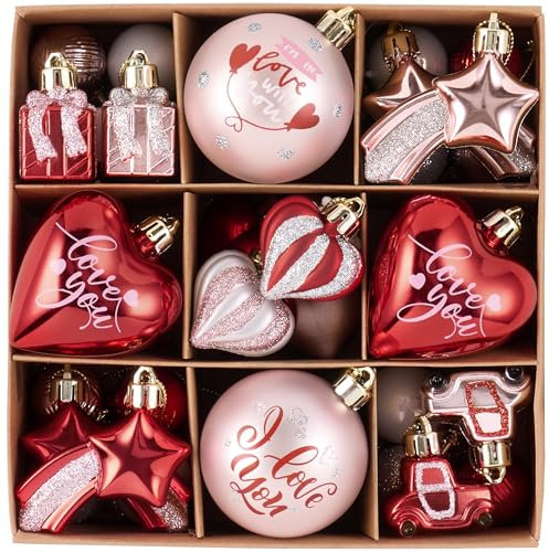 Valery Madelyn 35pcs Christmas Tree Decorations,Shatterproof Red Pink Silver Heart Baubles Hanging for Valentines Day Home,3-6cm
