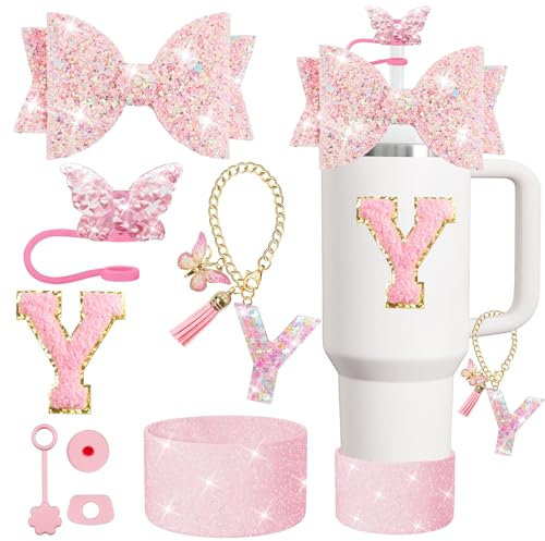 XIANGYUAN 8PCS Stanley Cup Accessories Set for Stanley Cup 30oz 40oz Tumbler with Handle,Including Straw Topper Cover Cap and Boot,Spill Proof Stopper,Handle Charm,Initials Sticker (Pink Y)