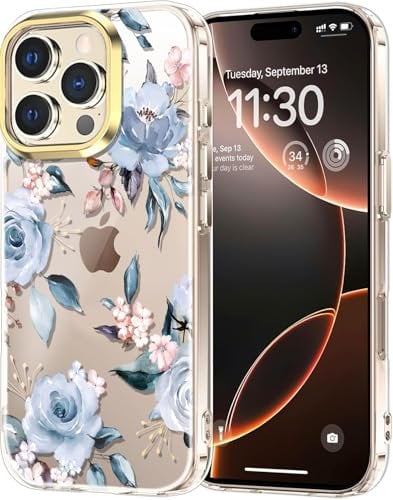 luolnh Case for iPhone 16 Pro for Women Girls,Cute Clear Floral Pattern Hard Back Phone Cover for iPhone 16 Pro 6.3 inch 2024-Blue