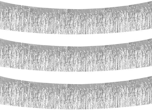 Yphzmtz 3 Stück Foil Fringe Garland Silver Lametta Glitzer Vorhang für Partydekor Geburtstags Verlobung Hochzeit 30cm x 3m