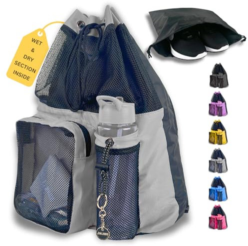 JIMJOOS Bolsa de natación de malla con cordón, bolsa de natación impermeable de 25 L con compartimento húmedo y seco, mochila deportiva multifuncional para niños, adultos, natación, surf, playa