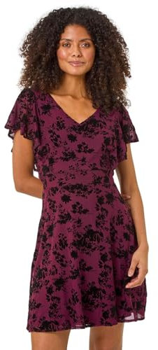 Roman Floral Print Angel Sleeve Mini Dress for Women UK - Ladies Autumn Everyday Winter Holiday V-Neckline Comfy Knee Length Soft Fit & Flare Frock Dinner Date Gowns - Wine - Size 14
