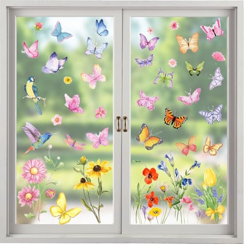 Fensterbilder Frühling, 8 Blatt Fenstersticker Frühling, Fensterbilder Blumen Schmetterlinge, Osterbilder Fenster Selbstklebend, Doppelseitige & Wiederverwendbar Fensteraufkleber für Glas, Vitrinen