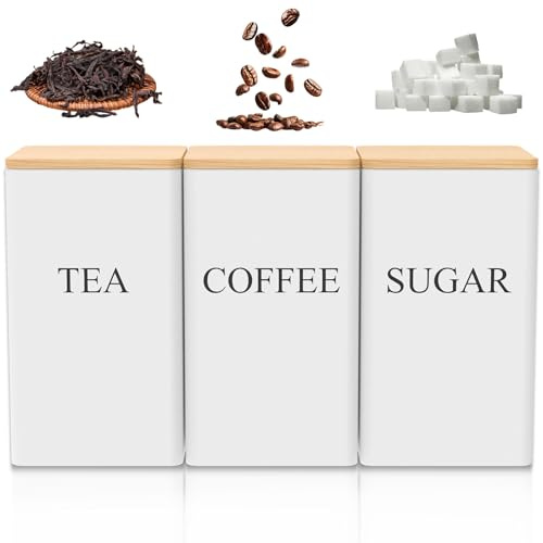 Fyeme 1000ML Metal Tea Coffee Sugar Canisters with Bamboo Lid, White | Tea Coffee and Sugar Canisters Set of 3, Moisture Proof , for Grains, Snacks Storage Tin Kitchen Decor