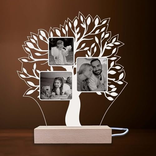 INDIGOS UG - LED Lampe personalisiert - Baum, 3 Bilder - Holzsockel - Familie, Liebe - Wunschbild, Wunschtext - personalisierte Lampe Deko, Weihnachten, Geburtstag, Geschenk