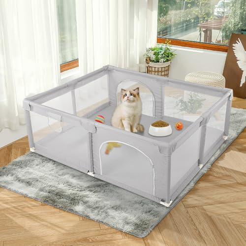 Kleiner Laufstall für Babys, faltbar, mit weichem Netz, atmungsaktiv, Laufstall für Kinder, für drinnen und draußen, stabiler Zaun, Kleinkinder, 1,5 x 1,5 cm (Grau)