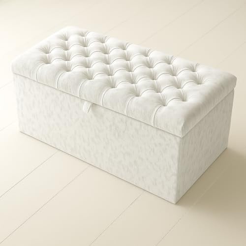 luxisleepltd Spanish Crushed Velvet Fabric Crystal Diamante ottoman storage box blanket box, (White, L102cm x W 45cm x H35cm)