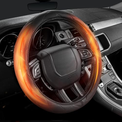 WARMITORY Heated Steering Wheel Cover: 3-Min 12V Quick Heating Leather with Overheat Protection, Non-Slip Grip – Fits 14.5”-15.25” Wheels for Cars, SUVs(12V-Black)