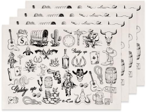 SUPERDANT 4 Stück Western Style Unterglasur Transfers für Cowboy Kaktus Keramikaufkleber Porzellandekor Schwarz Unterglasur Transferpapier für Überglasur Emaille Tonabziehbilder 52x37cm