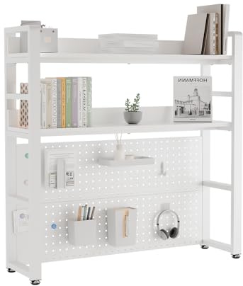 Boltmol 2-Tier Desk Shelf With Concealed Screws Design,White 95CM, Desktop Organizer With Pegboard, Countertop Storage Bookcase For Home, Office Or Dorm