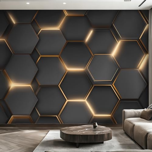 W350 X H256 cm Black Gold Honeycomb Wallpaper, Wall Mural Geometric 3D Photo Wallpaper, Non-Woven Print Wall Paper for Living Room Bedroom Art Decor, Renter Friendly D&O153