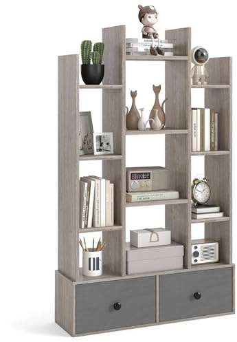 SFAREST Tree-Shaped Bookshelf, 7/12 Tier Floor Standing Wooden Bookcase with Foldable Drawers, Storage Display Book Rack Shelving Unit for Living Room Study Office (Grey,12 Cubes+2 Drawers)