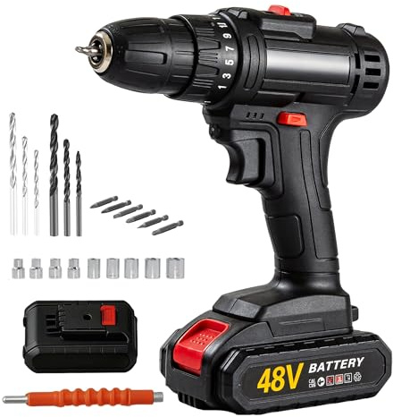 25Nm Cordless Drill Driver & Impact Drill Set, 3-in-1 Hammer Drill with 2 x 2.0Ah Batteries, Variable Speed, 25 Torque Settings for Wood/Metal/Plastic (Black)