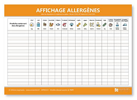 Affichage des allergènes obligatoire pour restaurant - Panneau A4 plastifié et effaçable - Conformité Inspection du Travail - Kit de fixation inclus (pastilles adhésives) - LEGIMEDIA ÉDITIONS
