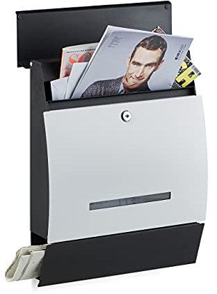 Relaxdays Design Briefkasten mit Zeitungsfach, Pulverbeschichtet, HxBxT: 45 x 35 x 11 cm, Wandbriefkasten, schwarz-weiß