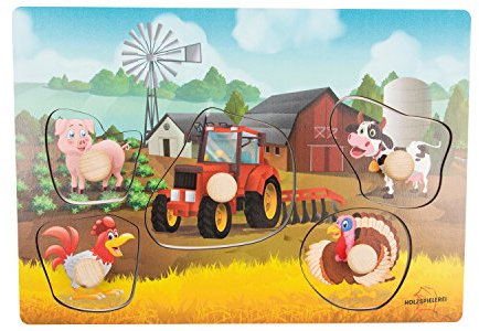 Greif-Puzzle Bauernhof aus Holz, mit 5 Teilen - Holzpuzzle, Steckpuzzle mit Farm, Traktor und Tieren für Kinder ab 1 Jahr