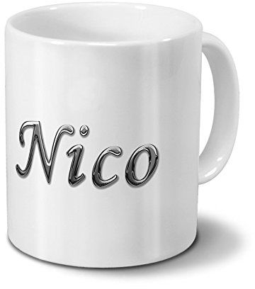 printplanet Tasse mit Namen Nico - Motiv Chrom-Schriftzug - Namenstasse, Kaffeebecher, Mug, Becher, Kaffeetasse - Farbe Weiß