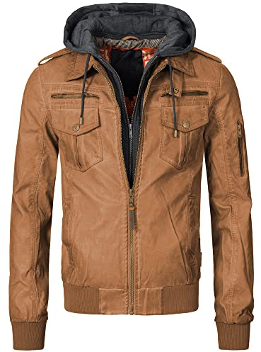 Indicode Herren Aaron Lederjacke mit abnehmbarer Kapuze Übergangsjacke | Lässige Herrenjacke für Alltag und Freizeit mit abnehmbarer Kapuze, Bikerjacke, Motorradjacke, Lederoptik, Blouson für Männer