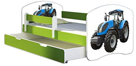 ACMA Kinderbett Jugendbett mit Einer Schublade und Matratze Grün mit Rausfallschutz Lattenrost II 140x70 160x80 180x80 (42 Traktor, 180x80 + Bettkasten)