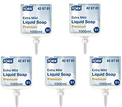 Tork 420701 extra milde Flüssigseife Premium für Tork S1 Seifenspendersysteme/Extra milde Handseife in Weiß mit sanften Inhaltsstoffen für empfindliche Haut / 1 x 1000ml (5)