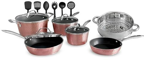 OrGREENiC Luxurious Non-Stick Ceramic 16 Piece Rose Gold Cookware Set with Glass Lids,Lightweight, Scratch-Resistant, Dishwasher Safe, Oven Safe up to 500°F, Suitable for All Stove Types