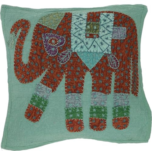 Indische Kissenhülle, besticktes Elefanten Ethnostyle Kissen, aqua | 100 % Baumwolle, handgearbeitet, farbenfrohe Ornamente, Unikat, Akzent für Ethno-Wohnstil